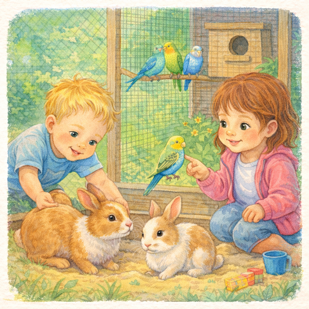 Vogeltjes en konijntjes in de tuin